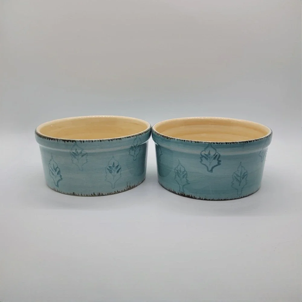 Bella Ceramics Pastis Blue Leaf Ceramic Set of 2 Pet Food Bowls‎ 5 Inch